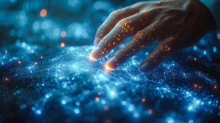 Poster - Finger touching digital hologram. Futuristic technology concept