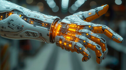 Poster - humanoid robot hand touching virtual screen. Technology and future concept