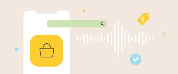 Poster - Experience future with Voice Shopping. Simplify purchases through seamless voice commands on mobile phones for efficient shopping experience. Horizontal header, vector illustration with icons