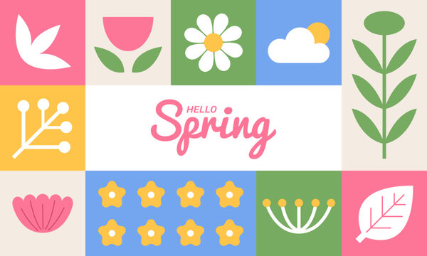 Hello spring sale banner. Minimal geometric shapes with squares. Modern lettering banner,greeting card, invitation, poster template background. Flat vector illustration.