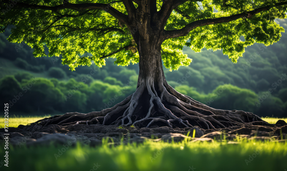 Majestic solitary tree standing tall with intricate root system and ...