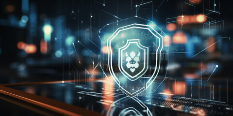 Poster - cybersecurity and data protection concept with shield icon hologram over futuristic interface elemen