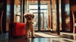 © Rodica - Welcome dog. Concept of pet friendly hotel, pet friendly space. Dog  and luggage suitcase at the hotel entrance, hotel door. Traveling with dogs