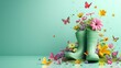 Green rubber boot full of colorful spring flowers with butterflies and bees on mint green background. Spring is here concept. 3D Rendering, 3D Illustration