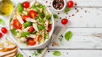 Wall Mural - Healthy Chicken Pasta Salad with Avocado Tomato and olive oil and vinegar dressing in white bowl on white wood table vertical view from above free space. Creative Banner. Copyspace image