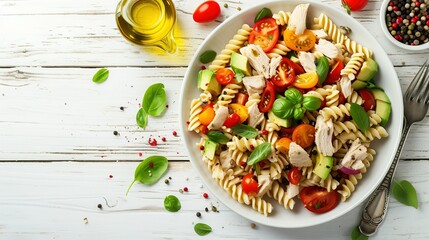 Wall Mural - Healthy Chicken Pasta Salad with Avocado Tomato and olive oil and vinegar dressing in white bowl on white wood table vertical view from above free space. Creative Banner. Copyspace image