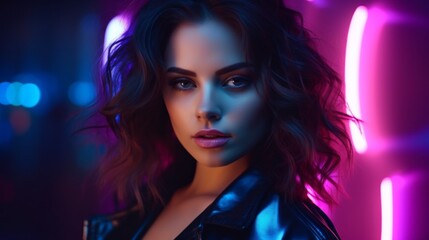 Close-up portrait of a beautiful young brunette woman with blue eyes, fresh makeup, with direct gaze into the camera on a neon blue rose background. A model posing in the studio.