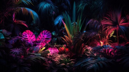 Poster - Tropical dark jungle in neon lighting in the dark. Abstract background of plants in nature.