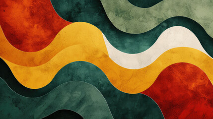 Groovy psychedelic abstract wavy background with rough texture combined with retro colors clay red, pine green and goldenrod