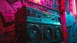old-school boombox bathed in neon light, juxtaposed against a backdrop of graffiti-covered walls, perfectly encapsulates retro culture