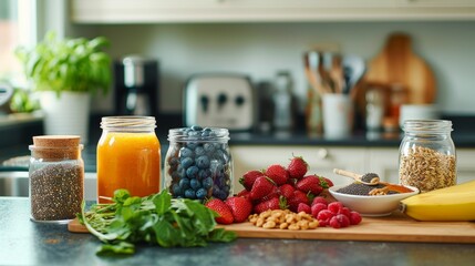Wall Mural - kitchen counter topped with ingredients for a healthy smoothie, such as fresh fruits, vegetables, and superfoods