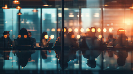 Blurred Business Office Interior with Casual Wear People and Panoramic Windows – Bokeh Background