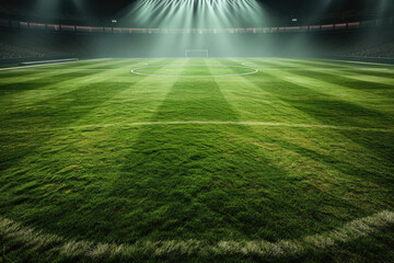 Wall Mural - Football stadium arena for match with spotlight. Soccer sport background, green grass field for competition champion match.