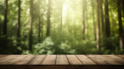 Poster - Empty wooden table with forest background