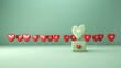 Stand out from the crowd and different creative idea concepts love like heart pin icon pop up from others on light green pastel color wall background 3D rendering