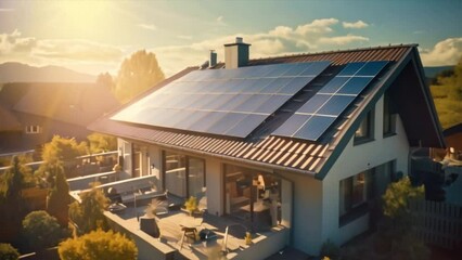 Wall Mural - Photovoltaic panels on the roof . Roof Of Solar Panels. View of solar panels (solar cell) in the roof house with sunlight