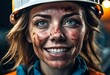 a female oil rig worker or construction worker dirty from a long days work on the oil rigs in northern Canada
