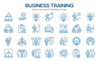 © lovemask - Business, training icons set. Collection of workshop, coaching, mentoring, education, meeting, teamwork and much more. Vector illustration isolated on white. Editable stroke.