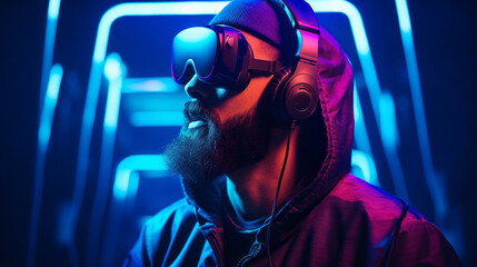 Poster - Close-up of a bearded brutal man in VR virtual reality glasses and headphones in neon light on a dark blue background. Future digital technologies, esports, gaming and entertainment concepts.