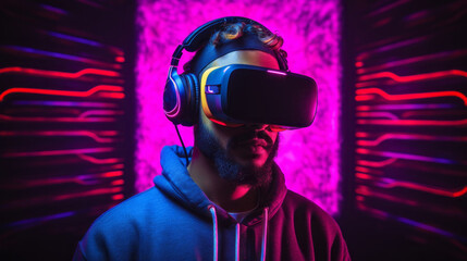 Poster - Close-up of a young man in VR virtual reality glasses and headphones on an abstract neon background. Future digital technologies, esports, gaming and entertainment concepts.