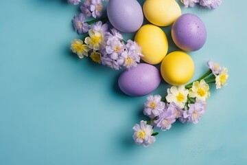  Happy Easter background, Easter eggs scene, Easter bunny ears with easter eggs, Easter poster background template with Easter eggs in the nest, Easter party concept.