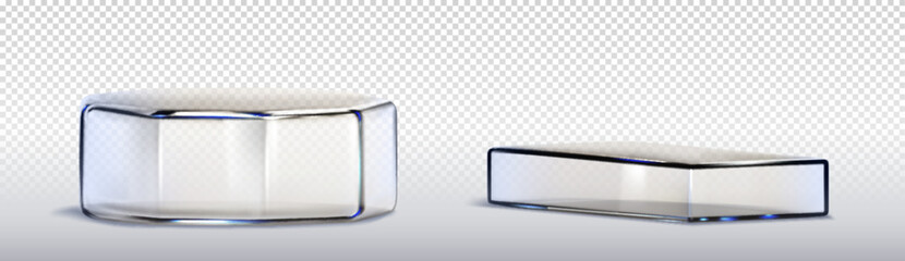 Poster - Glass transparent rectangle and hexagon product podiums. Realistic vector illustration set of plexiglass or plastic stands for goods display. Geometric pillar crystal platform and pedestal base.