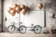 Mock Up Poster With Bicycle And Balloons In Loft Interior, Template Design, 3D Render