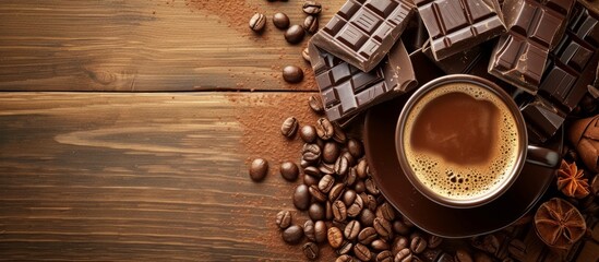 Wall Mural - Delicious Coffee and Decadent Chocolate Indulgence on a Charming Wooden Background