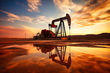 Drilling rigs in a desert oil field to extract fossil fuels and extract crude oil from the ground. Oil drilling rig and pump jack.