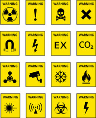 Wall Mural - Yellow Warning Dangerous sign set. Poison, toxic, biohazard caution sign. Skull, Flammable, electricity, chemical, danger yellow triangle symbol. Vector .