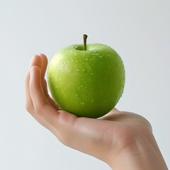 Wall Mural - Fresh green apple held in a hand against white background. simple, clear, healthy food concept. ideal for nutrition and wellness design. AI