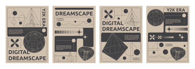 Fototapete - Set of y2k aesthetic techno banners. Vector illustration of retrowave style posters with black geometric wireframe shapes, globe, torus, lines on yellow background, retro futuristic vibe flyers
