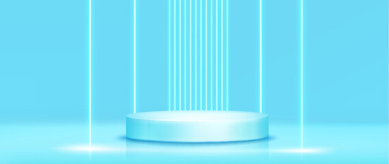 Wall Mural - Hologram circular product display podium in room with blue floor and wall, neon glow line decorative elements. Realistic vector studio pedestal mock up for goods promotion showcase and presentation.