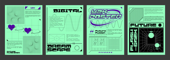 Fototapete - Retro futuristic vibe flyer templates set. Vector illustration of y2k aesthetic posters, retrowave style banners with geometric shapes, wireframe perspective, heart sign, text on green background
