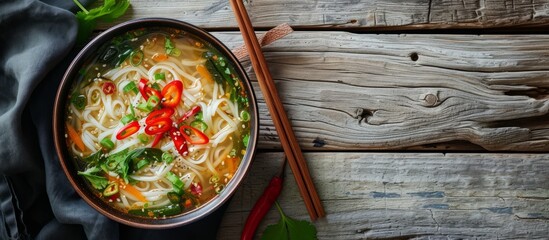 Wall Mural - Delicious Yunnan Rice Noodle Soup Served on a Rustic Wooden Table