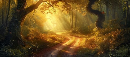 Wall Mural - Characteristic Road Creates a Beautiful Path Through the Enchanting Forest