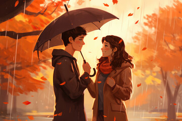 Wall Mural - Caucasian teenagers, a boy and a girl, sweetly sharing an umbrella during a gentle autumn rain first teenage crush