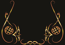 Fantasy Illustration With Ovals And Swirls. Symmetrical Ornament, Applique, Background With Space For Inscription. Gold Gradient On A Black Background For Printing On Fabric, Applique And Cards.