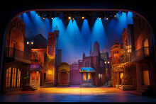 An Empty Stage Set For An Urban Street Scene, In The Style Of Theatrical Lighting, Vibrant Airy Scenes