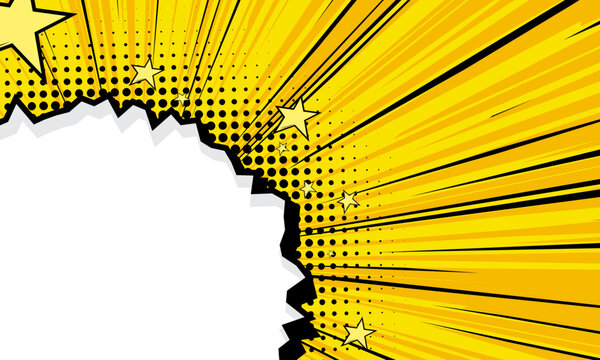 cartoon comic background with hole paper and stars on yellow