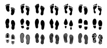 Human Footprint. Black Silhouette People Barefoot, Leg Imprint, Shoes And Boot Feet. Walking Woman And Man Shoe Steps Isolated On White Background. Vector Set