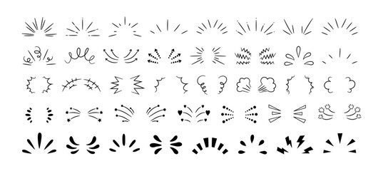 hand-drawn rays and explosion. doodle brush ornament lines and surprise symbol. sun burst, shocked f