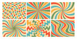 Retro groovy background. Abstract hypnotic 70s hypnotic pattern. Colorful twisted rays, trippy waves, hippy 60s chess elements for poster, cards. Vector set