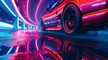 A Low Angle Shot Captures The Underside Of A Car As It Pes Over A Neonlit Bridge Creating A Mesmerizing Display Of Reflections And Colors On The Water Below.