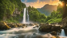 Beautiful Waterfall In Green Forest, Top View. Tropical In Mountain Jungle. Waterfall In The Tropical Forest. Big Waterfall In 4k