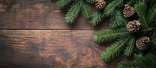 Wall Mural - Christmas Tree Branch on Wooden Background - Festive Holiday Decor with a Touch of Nature: Christmas Tree Branch, Wooden Background, and Holiday Charm