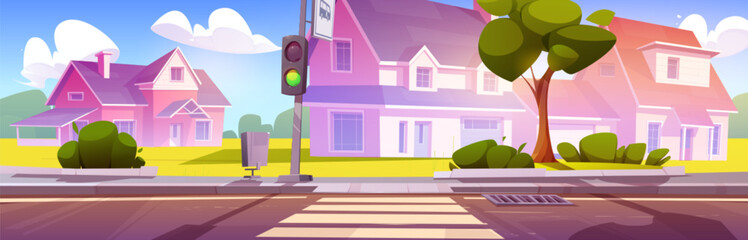 Suburban town street with pedestrian crossing. Vector cartoon illustration of residential neighborhood with houses, traffic light and bus stop sign on empty road, green lawn and trees, blue summer sky