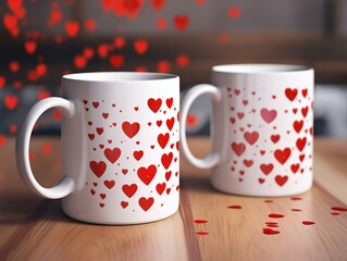 Poster - Valentine's day background with coffee mugs on wooden table