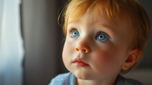Curious Toddler With Blue Eyes Looking Up Thoughtfully.