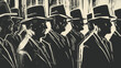 Stylized men in hats depicted in monochrome graphic.
